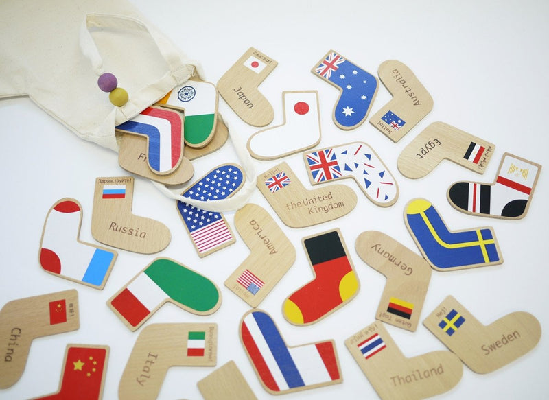 World flags wooden memory game